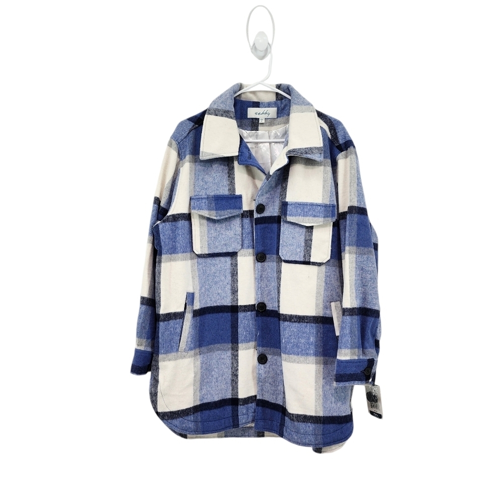 Sebby Women's Buffalo Plaid Button Front Shacket Blue/White - XL